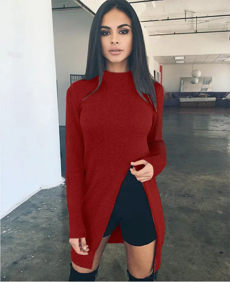 Women's Cotton Side Split Pullovers Long Sleeved O Neck Solid Long Sweater Tops Plus Size 3 Colors Lx097 5