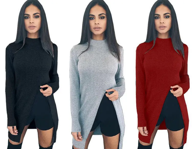 Women's Cotton Side Split Pullovers Long Sleeved O Neck Solid Long Sweater Tops Plus Size 3 Colors Lx097 5