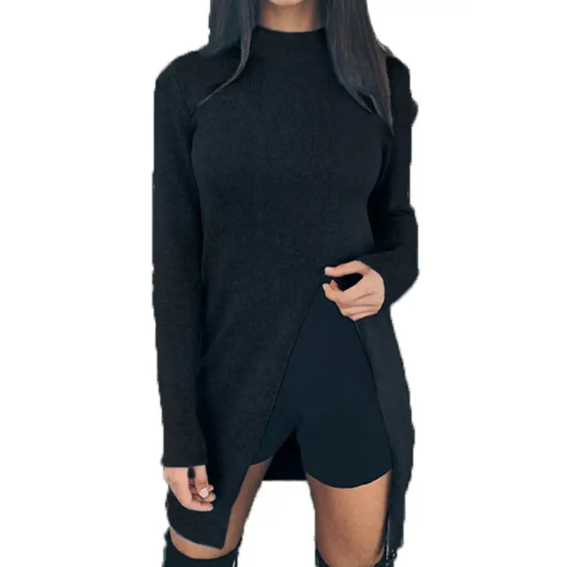 Women's Cotton Side Split Pullovers Long Sleeved O Neck Solid Long Sweater Tops Plus Size 3 Colors Lx097 6