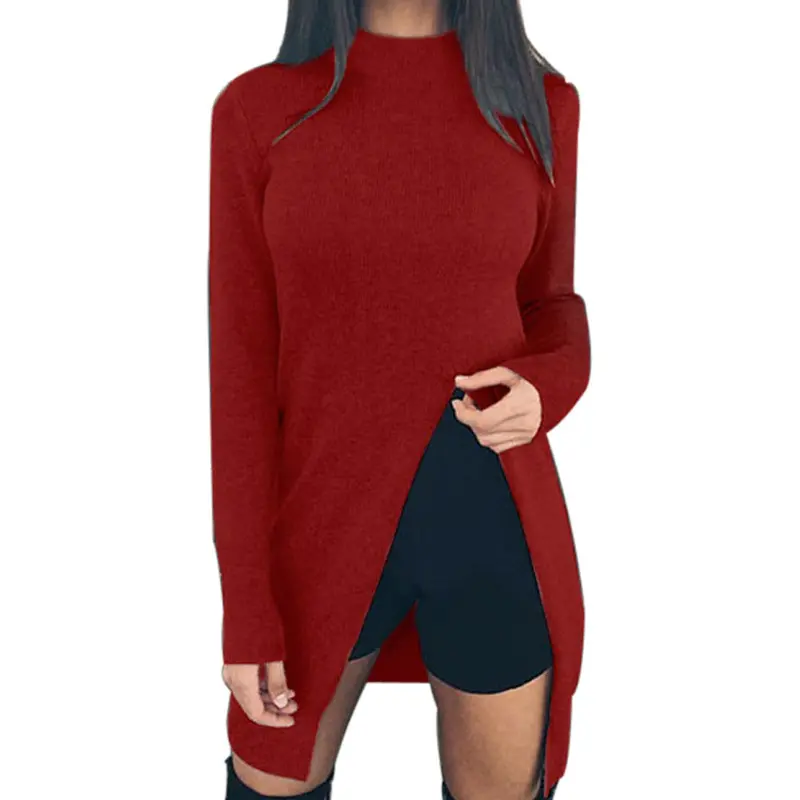 Women's Cotton Side Split Pullovers Long Sleeved O Neck Solid Long Sweater Tops Plus Size 3 Colors Lx097 7