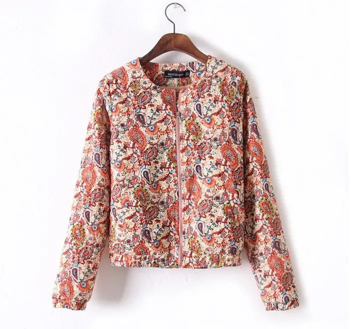 Women's Crew Neck Splendid Floral Print Paisley Long Sleeve Zipper Jacket Ladies Coats Suits 1