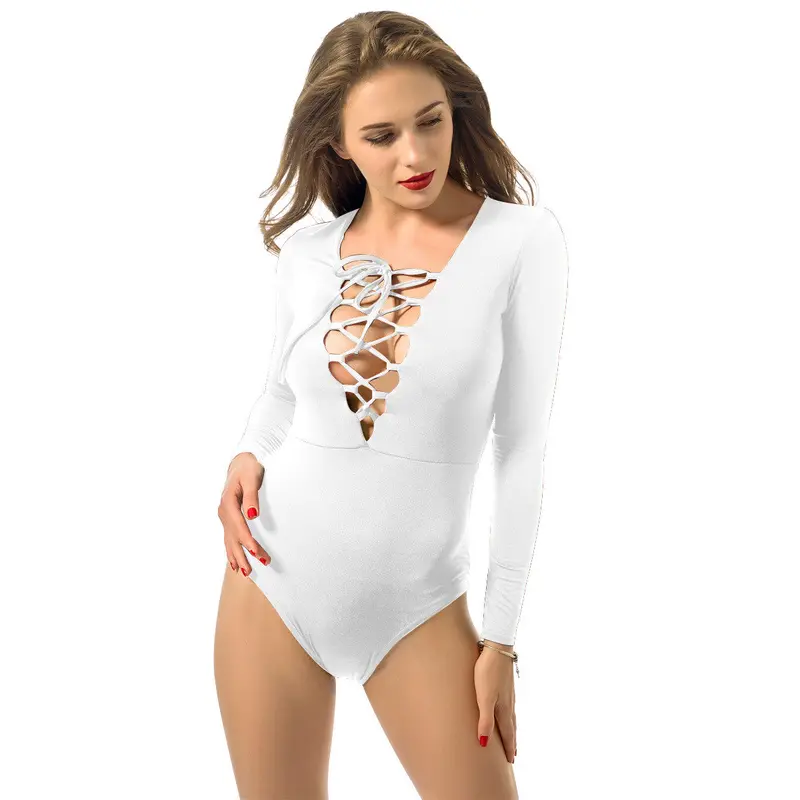 Women’s Deep-V Bandage Bodysuit – Long Sleeve Slim-Fit Tie-Up Jumpsuit (Plus Size)