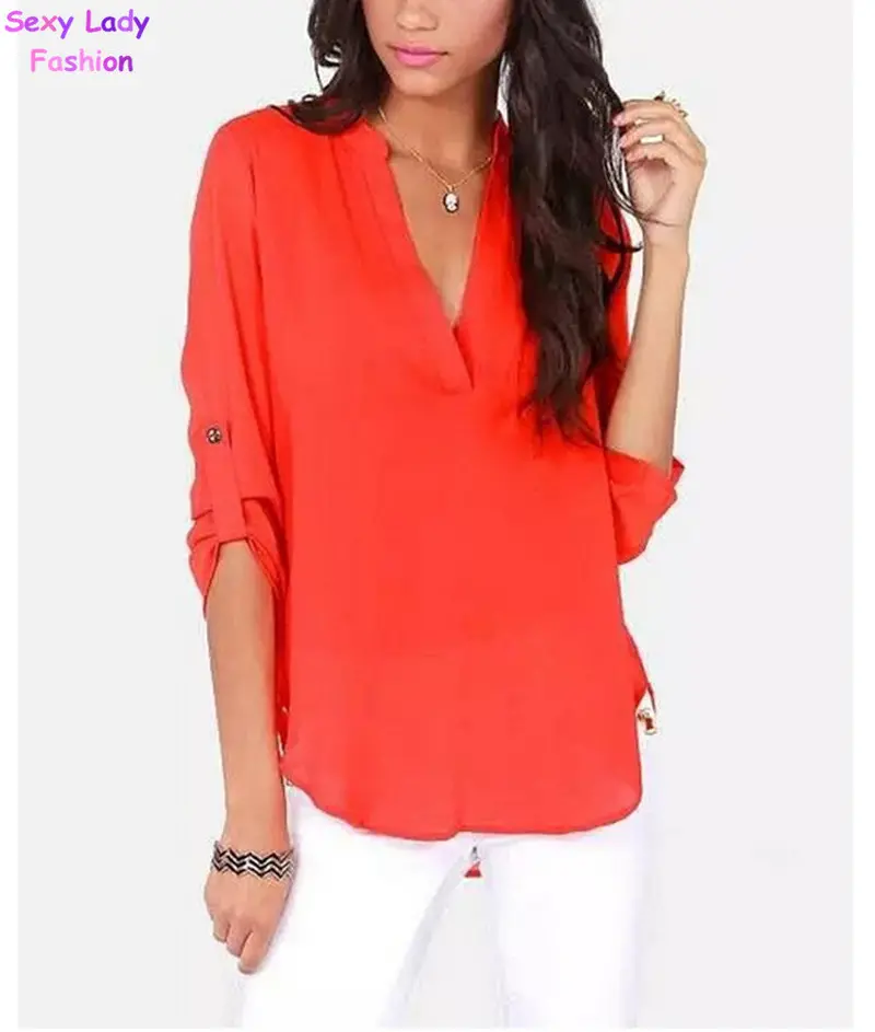 Women's Deep V Neck Roll-Up Long Sleeve Loose Chiffon Pullover Shirt Casual Blouses Tops Solid Red Black Color 3