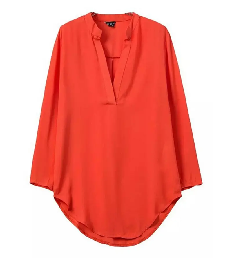 Women's Deep V Neck Roll-Up Long Sleeve Loose Chiffon Pullover Shirt Casual Blouses Tops Solid Red Black Color 4