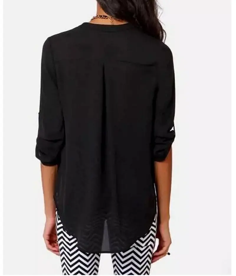 Women's Deep V Neck Roll-Up Long Sleeve Loose Chiffon Pullover Shirt Casual Blouses Tops Solid Red Black Color 5