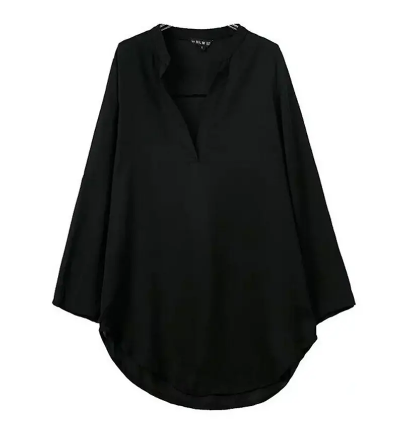 Women's Deep V Neck Roll-Up Long Sleeve Loose Chiffon Pullover Shirt Casual Blouses Tops Solid Red Black Color 6