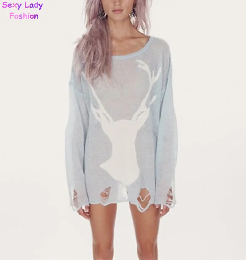Women's Deer Head Pattern Wildfox Series Of Reindeer Hole Sweater Knit Jumper Tops 2