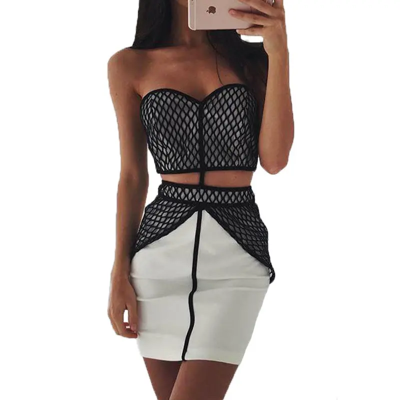 Womens Dress Sexy Strapless Bodycon Dress Waist Cut Robe Femme Mesh Hollow Out Bandage Dress Beach 2