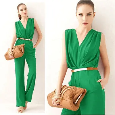 Womens Elegant Jumpsuits Sexy Ol Deep V Neck Slim Work Casual Sleeveless Loose Jumpsuit Romper Without Belt 1