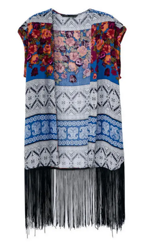 Women's Ethnic Boho Floral Print Sleeveless Loose Kimono Cardigan Tassels Shirts No Button Blouses Tops 1