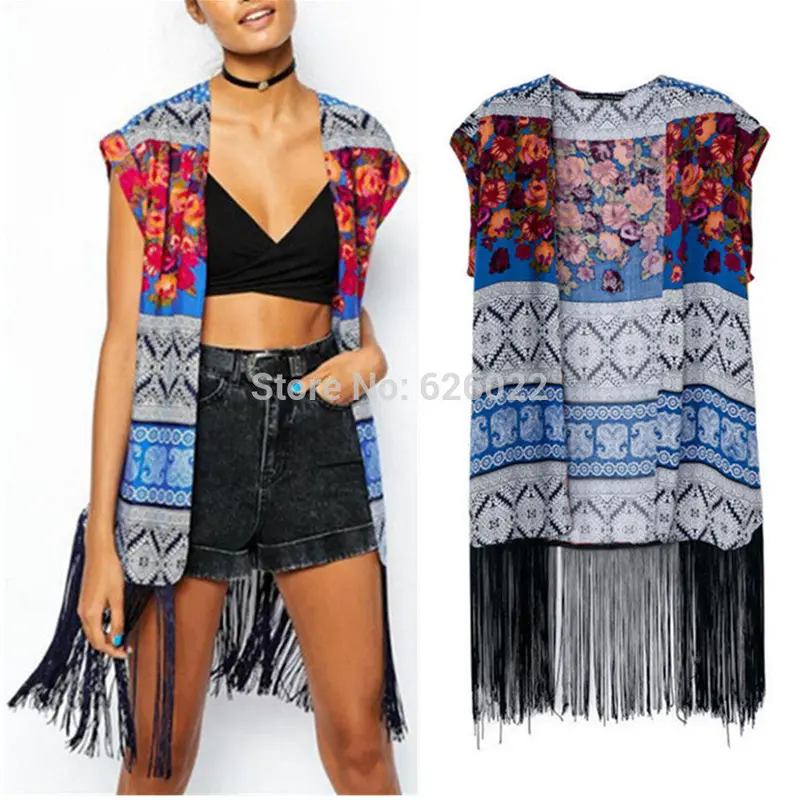 Women's Ethnic Boho Floral Print Sleeveless Loose Kimono Cardigan Tassels Shirts No Button Blouses Tops 2