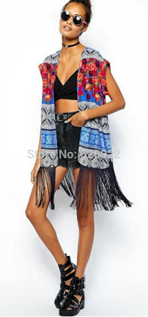 Women's Ethnic Boho Floral Print Sleeveless Loose Kimono Cardigan Tassels Shirts No Button Blouses Tops 3
