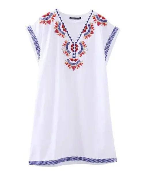 Women's Ethnic Embroidery Geometric Floral Cotton V Neck Shift Dress Chic Contrast Color Sleeveless Short Dresses 1