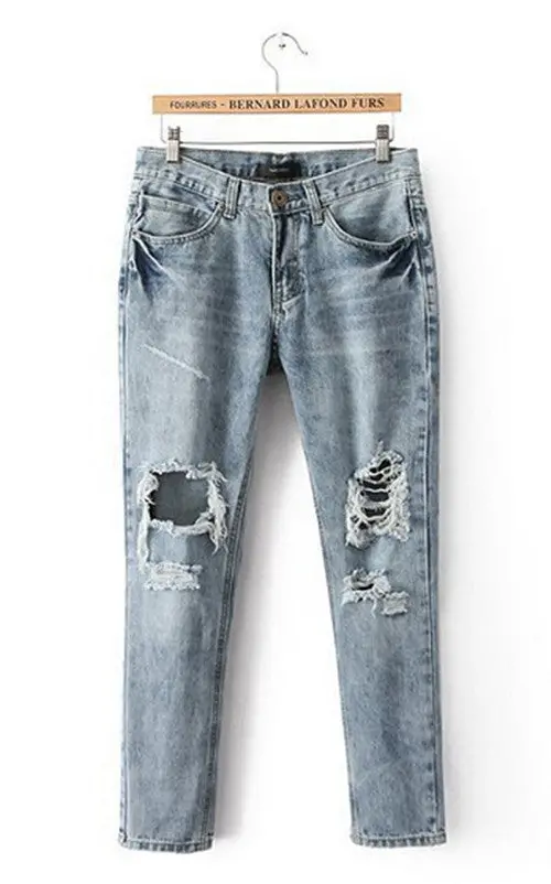 Women's European Retro Distrressed Knee Big Hole Washed Denim Ripped Pants Casual Jeans Leisure Long Trousers S-Xxl 1