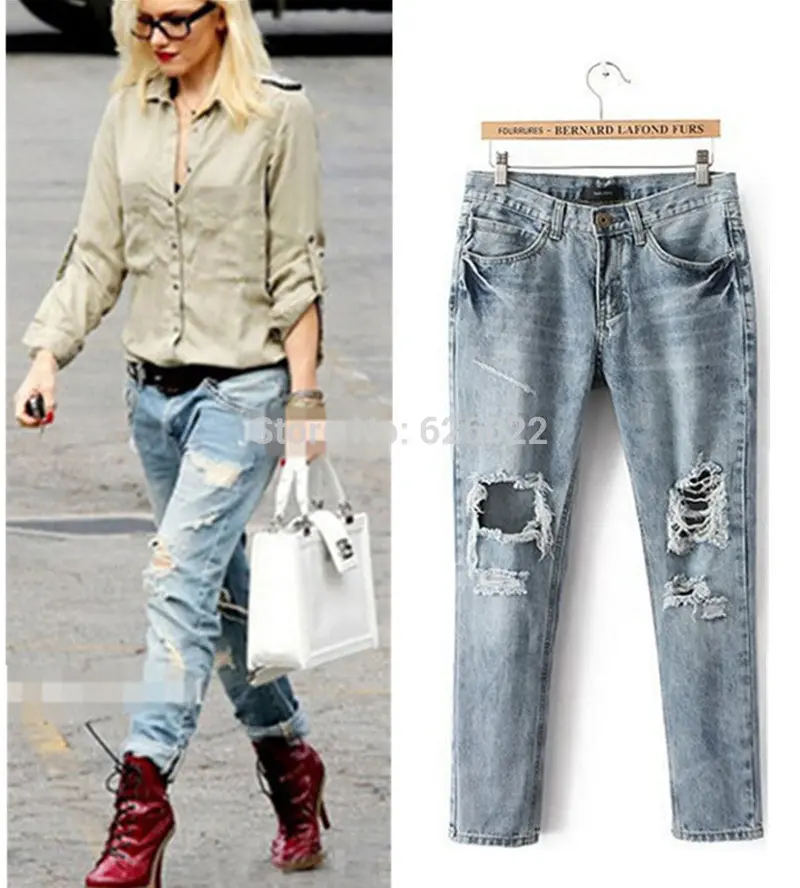 Women's European Retro Distrressed Knee Big Hole Washed Denim Ripped Pants Casual Jeans Leisure Long Trousers S-Xxl 3