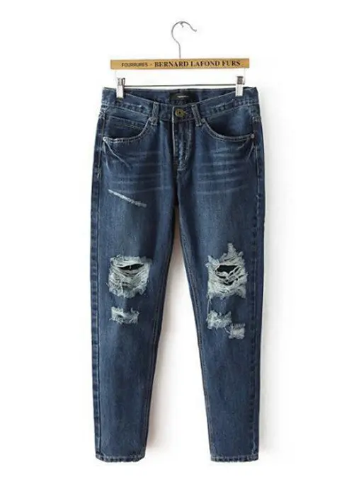 Women's European Retro Distrressed Knee Big Hole Washed Denim Ripped Pants Casual Jeans Leisure Long Trousers S-Xxl 6