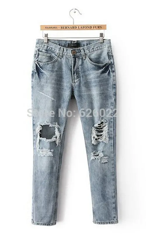 Women's European Retro Distrressed Knee Big Hole Washed Denim Ripped Pants Casual Jeans Leisure Long Trousers S-Xxl 6