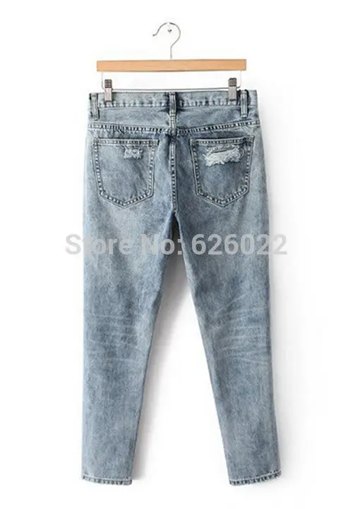 Women's European Retro Distrressed Knee Big Hole Washed Denim Ripped Pants Casual Jeans Leisure Long Trousers S-Xxl 7