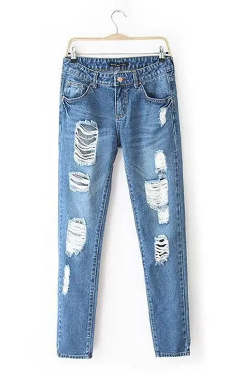 Women's European Style Retro Distrressed Hole Washed Denim Ripped Pants Casual Jeans Leisure Long Trousers 1