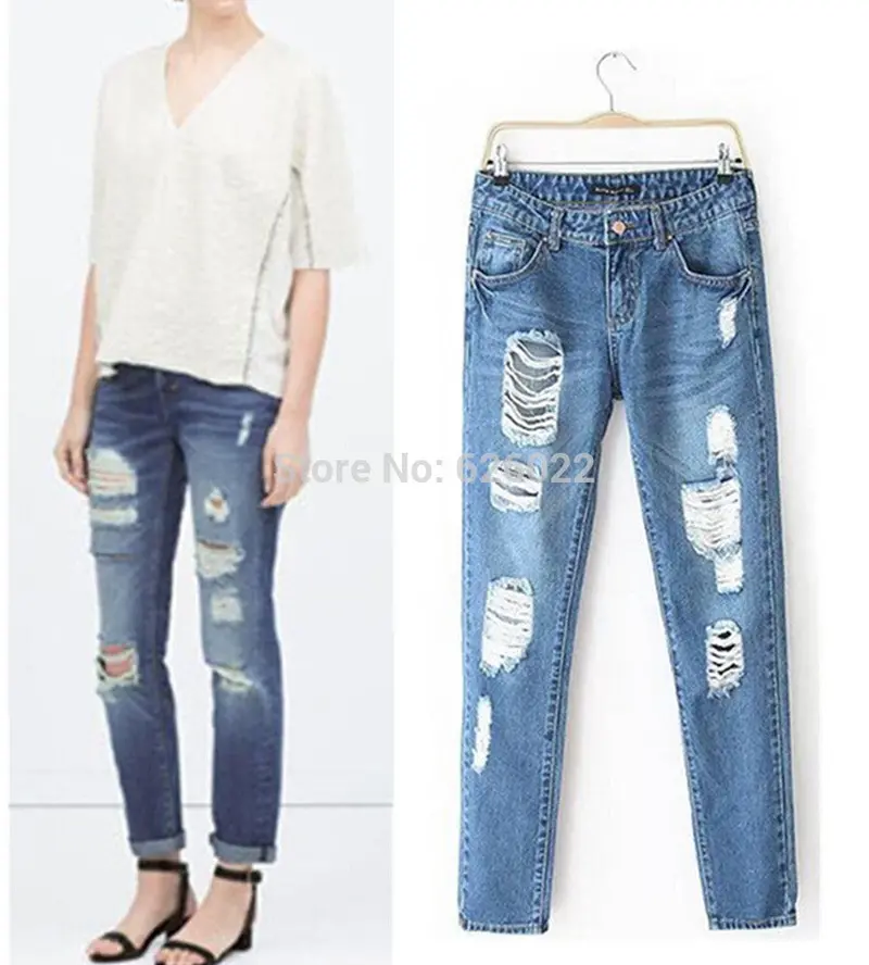 Women's European Style Retro Distrressed Hole Washed Denim Ripped Pants Casual Jeans Leisure Long Trousers 2
