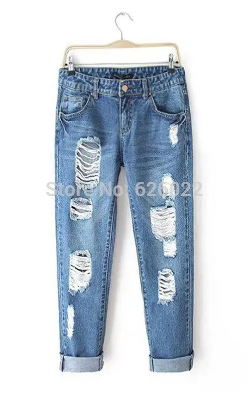 Women's European Style Retro Distrressed Hole Washed Denim Ripped Pants Casual Jeans Leisure Long Trousers 4