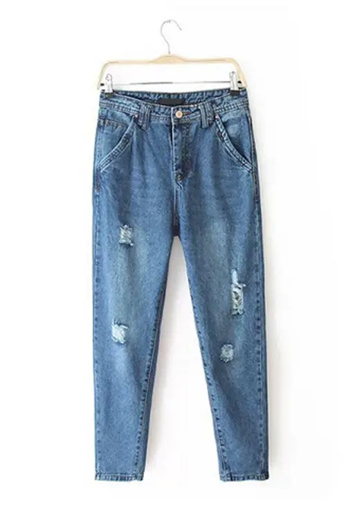 Women's European Style Retro Distrressed Hole Washed Denim Straight Pants Casual Jeans Leisure Harem Long Trousers 1