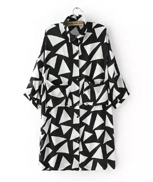 Women's Geometric Print Mid Long Shirt Black White Contrast Color Lapel 3/4 Sleeve Loose Shirt Blouse Tops 1