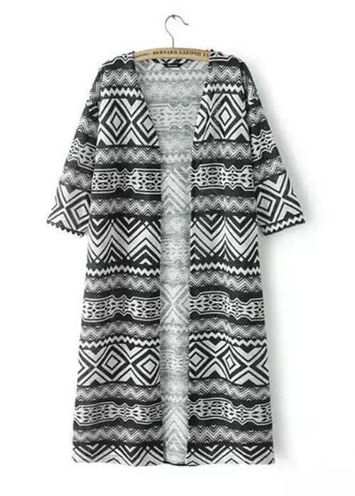 Women's Geometric Rhombic Striped Print Long Kimono Cardigan 3/4 Sleeve Shirts Blouses Sunscreen Tops 1