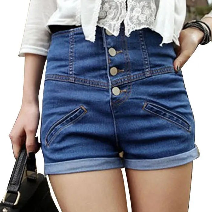 Womens Girl Denim Shorts High Waist Lady Vintage Cuffed Four Buttons Trousers 1