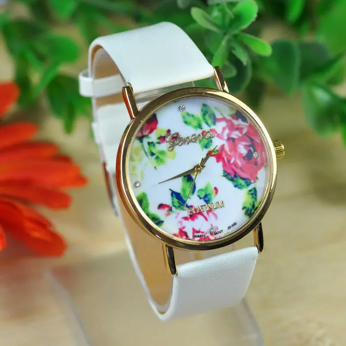 Women's Girl Dress Watch Leather Porcelain Rose Flower Print Watch Quartz Watch Gifts For Girl Promotion 1