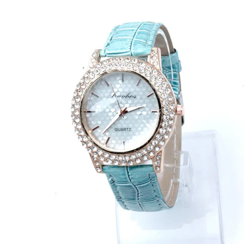 Women's Golden Bling Crystal Faux Leather Strap Analog Quartz Wrist Watch 1