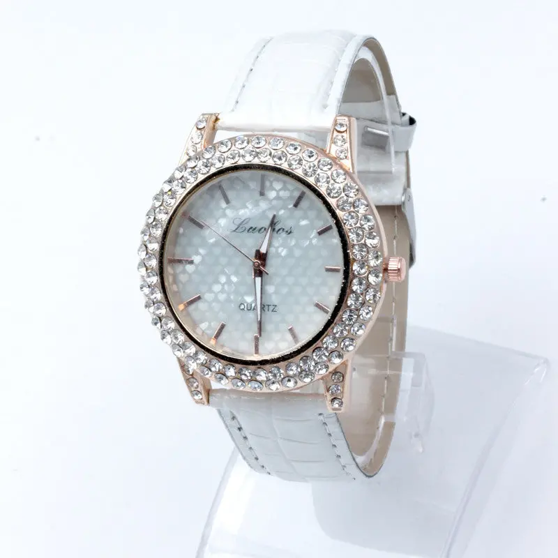 Women's Golden Bling Crystal Faux Leather Strap Analog Quartz Wrist Watch 3