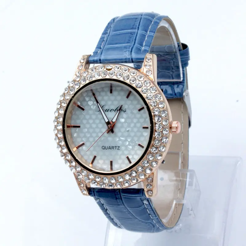 Women's Golden Bling Crystal Faux Leather Strap Analog Quartz Wrist Watch 4