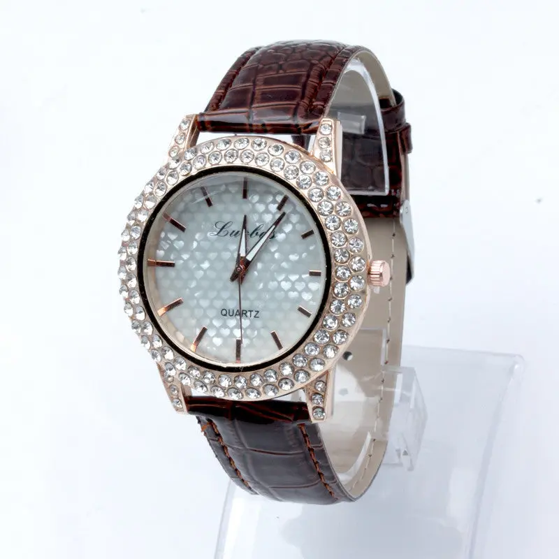 Women's Golden Bling Crystal Faux Leather Strap Analog Quartz Wrist Watch 5