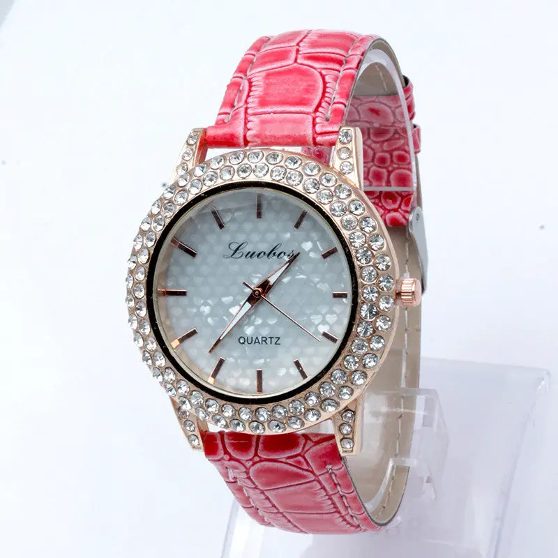 Women's Golden Bling Crystal Faux Leather Strap Analog Quartz Wrist Watch 6