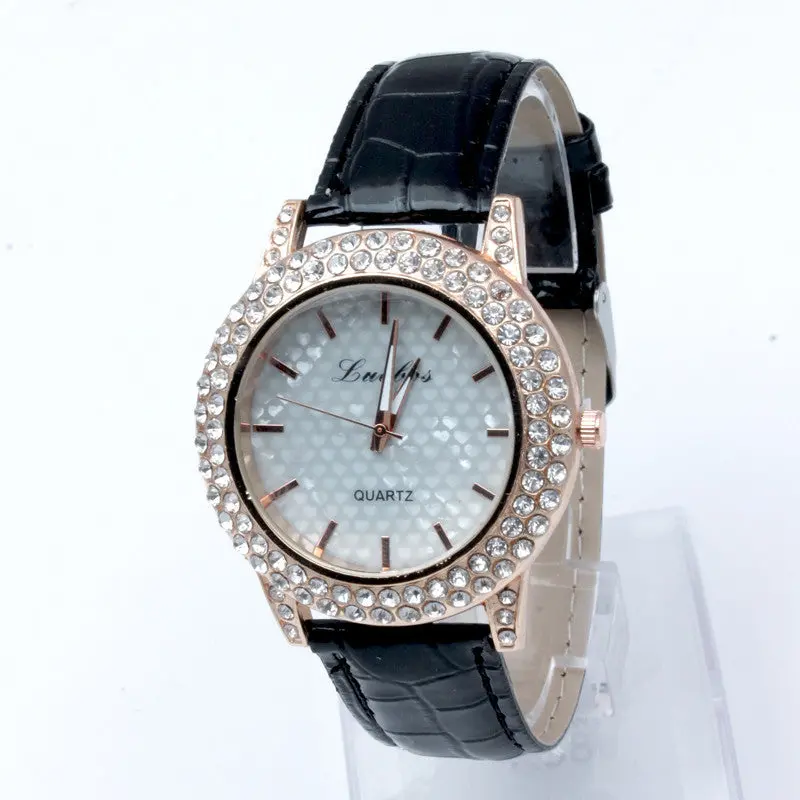 Women's Golden Bling Crystal Faux Leather Strap Analog Quartz Wrist Watch 7