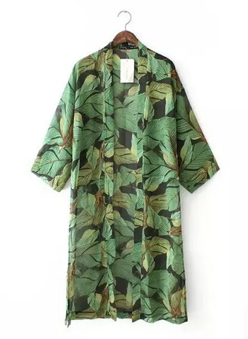 Women's Green Leaf Print Loose Long Chiffon Kimono Cardigan Shirts No Button Blouses Sunscreen Tops 1