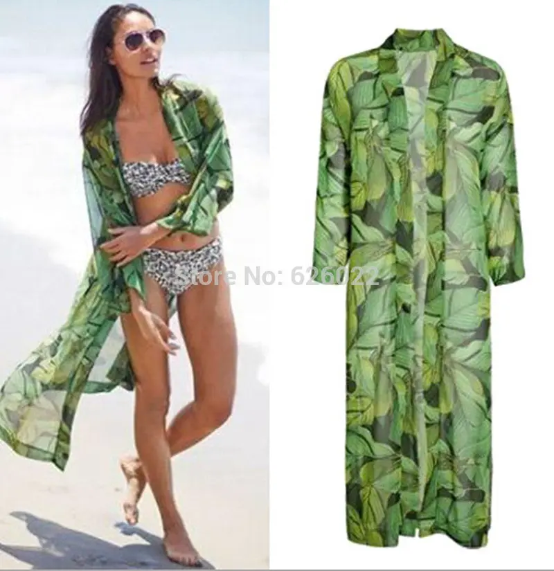 Women's Green Leaf Print Loose Long Chiffon Kimono Cardigan Shirts No Button Blouses Sunscreen Tops 2