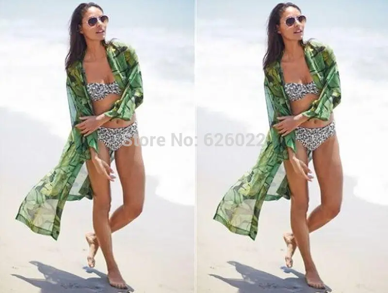 Women's Green Leaf Print Loose Long Chiffon Kimono Cardigan Shirts No Button Blouses Sunscreen Tops 3