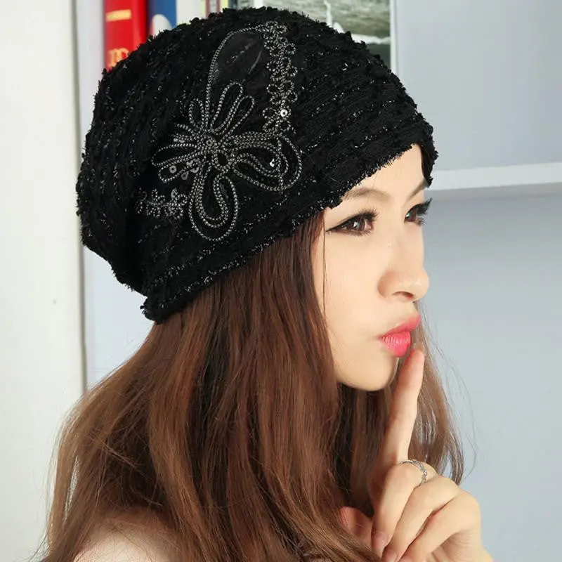 Women's Hat Lace Butterfly Beanie Lady Skullies Turban Cap 2