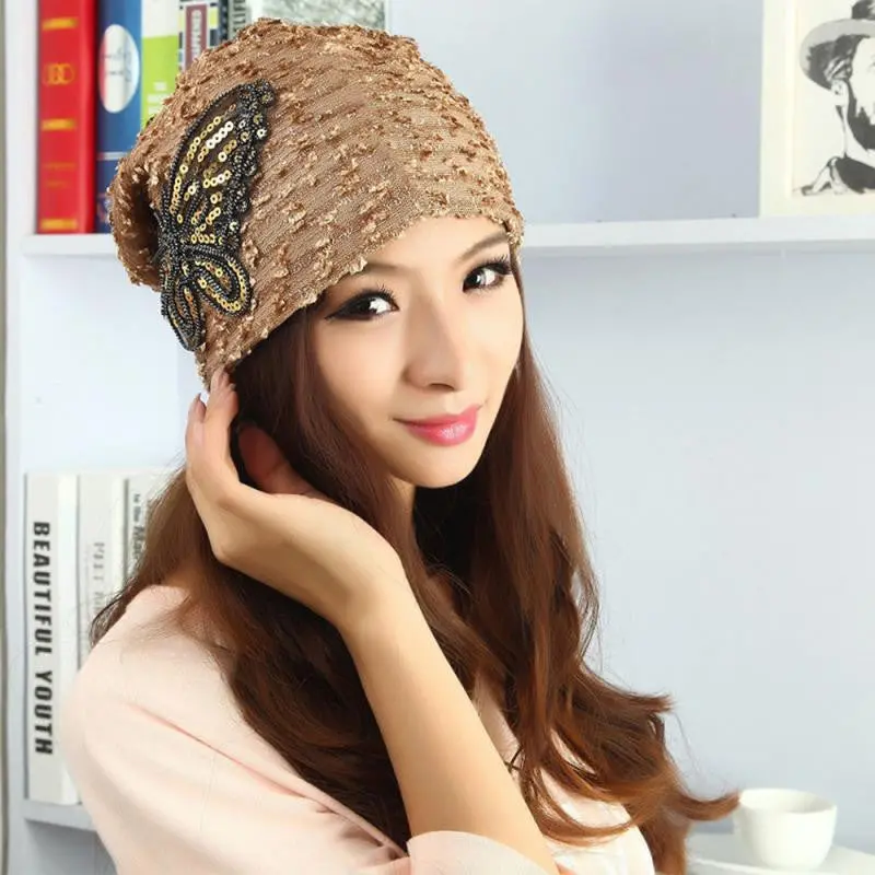 Women's Hat Lace Butterfly Beanie Lady Skullies Turban Cap 4