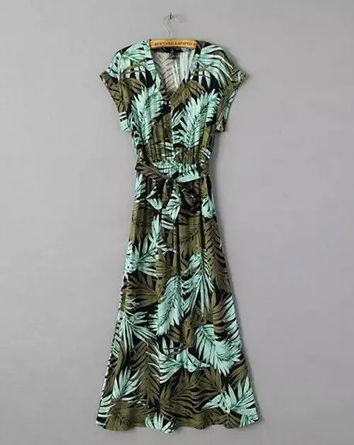 Women's Hawaiian Palmitic Tree Leaf Print V Neck Elastic Waist With Sashes Pleated Maxi Long Dress Slim Dresses 1