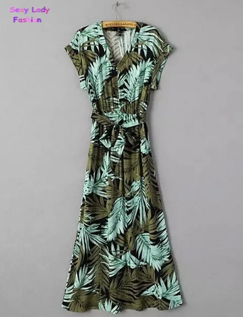 Women's Hawaiian Palmitic Tree Leaf Print V Neck Elastic Waist With Sashes Pleated Maxi Long Dress Slim Dresses 2