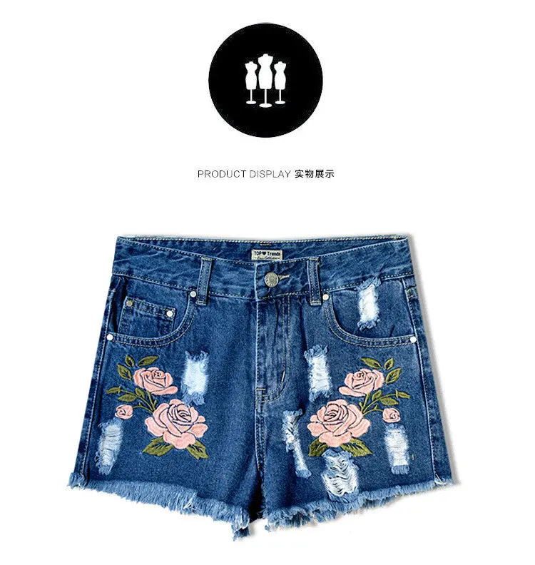 Women's Jeans High Waist Stretch Denim Shorts Embroidery Hole Tassel Women Jeans Shorts Plus Size 1