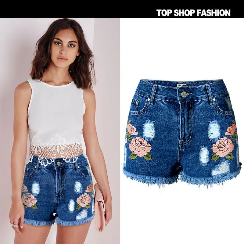 Women's Jeans High Waist Stretch Denim Shorts Embroidery Hole Tassel Women Jeans Shorts Plus Size 2