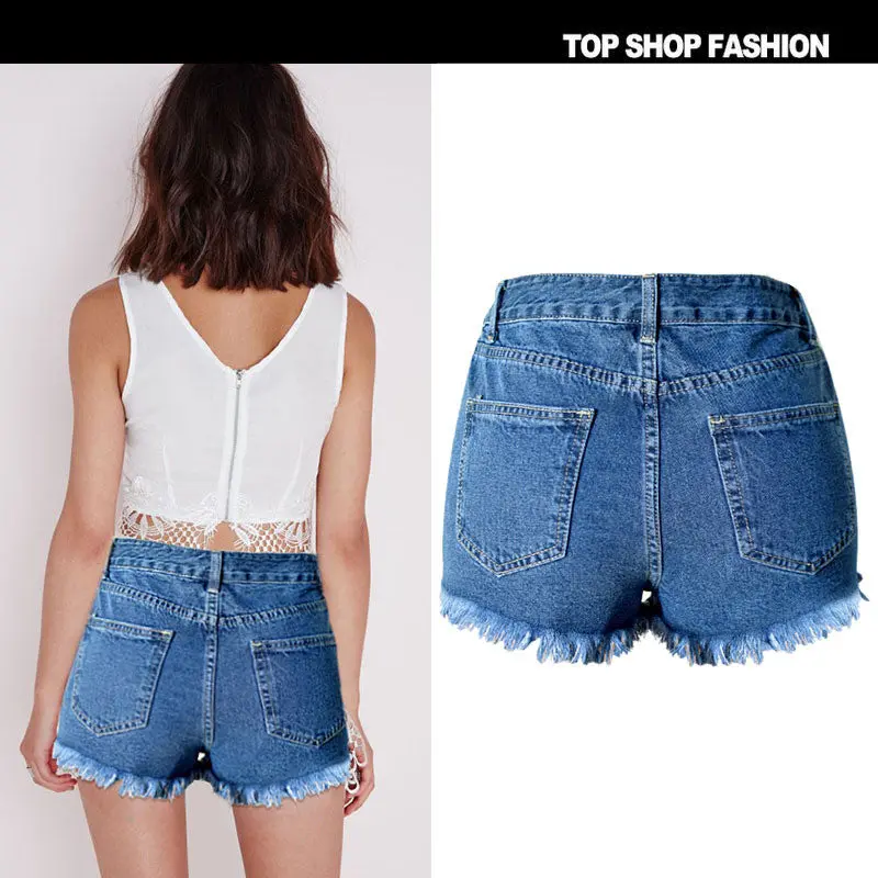 Women's Jeans High Waist Stretch Denim Shorts Embroidery Hole Tassel Women Jeans Shorts Plus Size 3