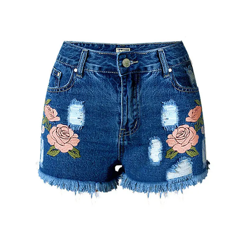 Women's Jeans High Waist Stretch Denim Shorts Embroidery Hole Tassel Women Jeans Shorts Plus Size 4