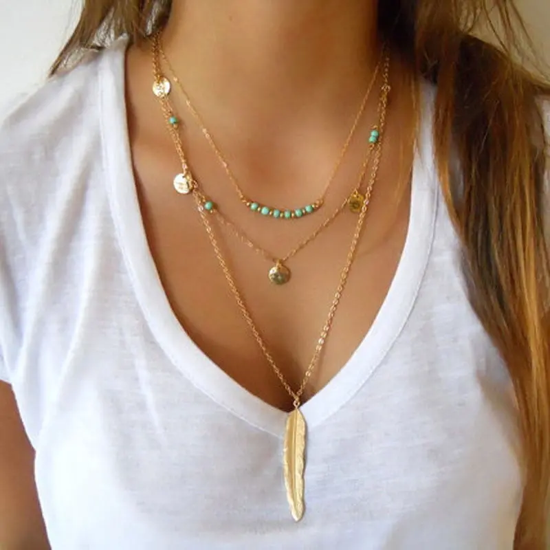 Women's Jewelry Colar European Simple Gold Plated Multi Layers Bar Coin Necklace Clavicle Chains Charm 1