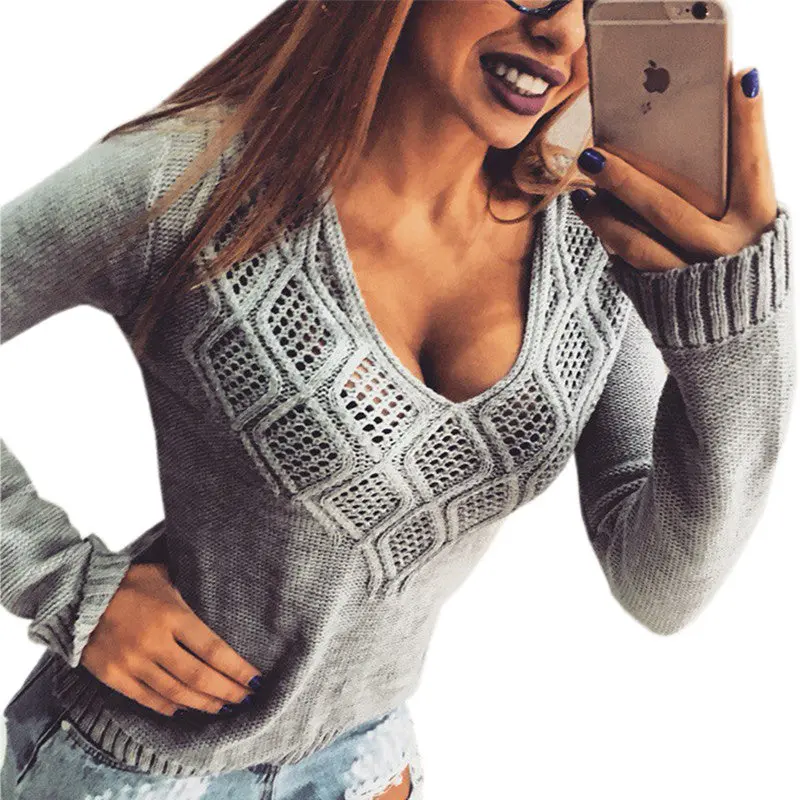 Women's Knitted Sweater V-Neck Hollow Out Pullover Sexy Casual Knitwear Jumper Long Sleeve Sweaters Top Gv462 4