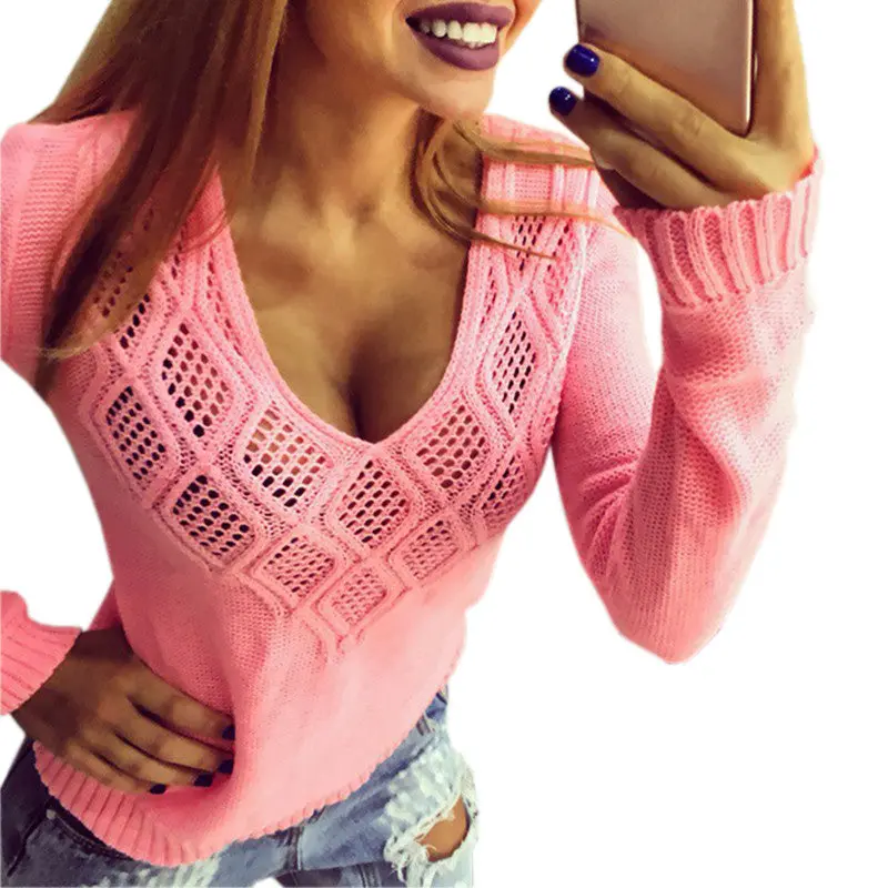 Women's Knitted Sweater V-Neck Hollow Out Pullover Sexy Casual Knitwear Jumper Long Sleeve Sweaters Top Gv462 5